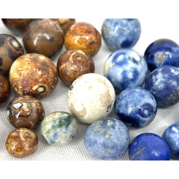 Bennington Marbles 32 Piece Lot Blue Brown Salt Glazed Clay Largest 31mm - Picture 6 of 9